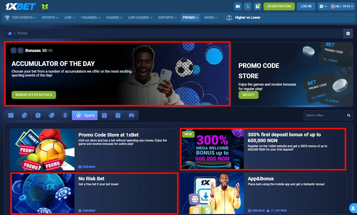 1xBet Nigeria Sport Bonuses and Welcome Bonus Screenshot